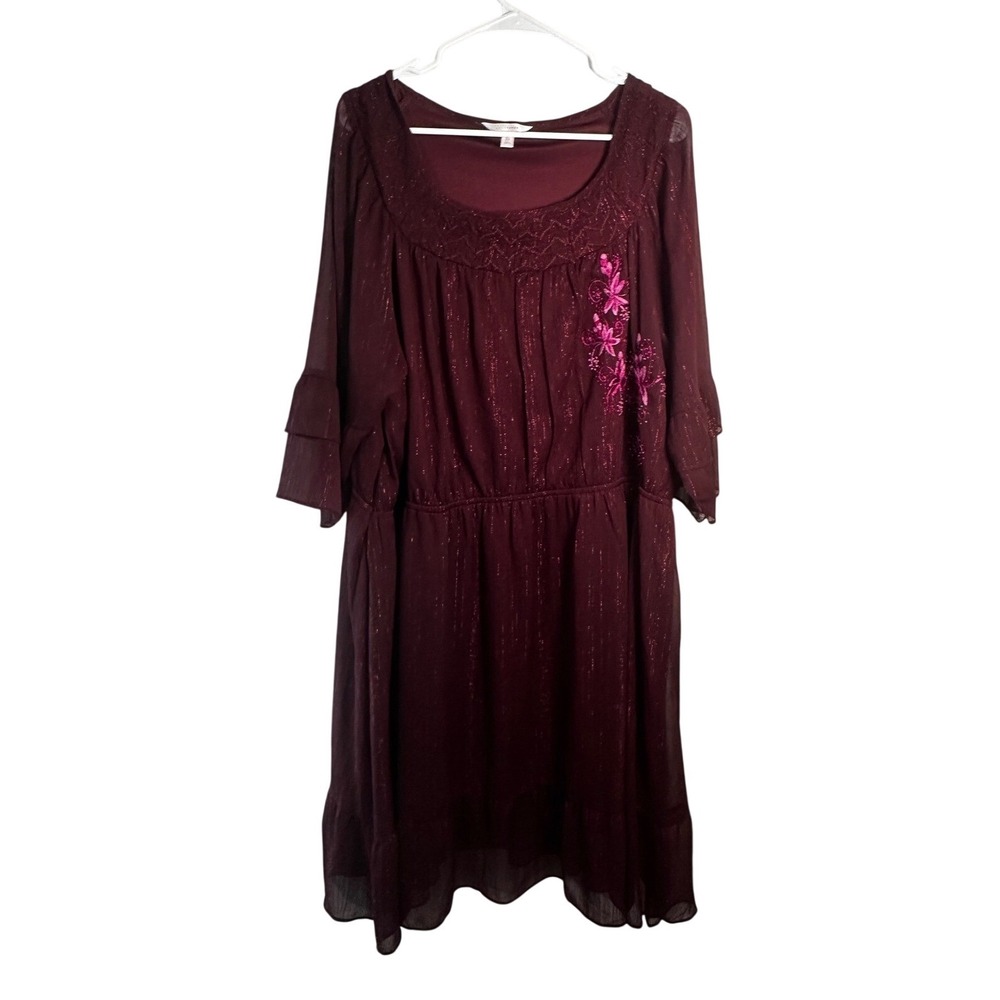 LC Lauren Conrad‎ Womens 3X Burgundy Metallic Pinstripe Floral Embroidered Dress